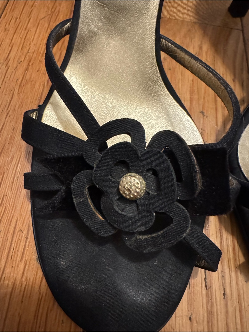 CHANEL Black Suede Camellia Slide Sandals with Gold Detail - Picture 2 of 9